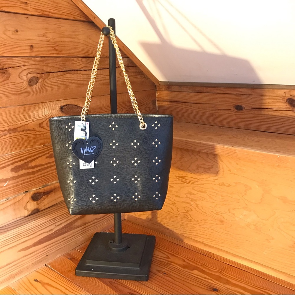 ImoShion USA Black Faux Leather Gold Chain Charger USB Purse Bundle, NWT, 14”